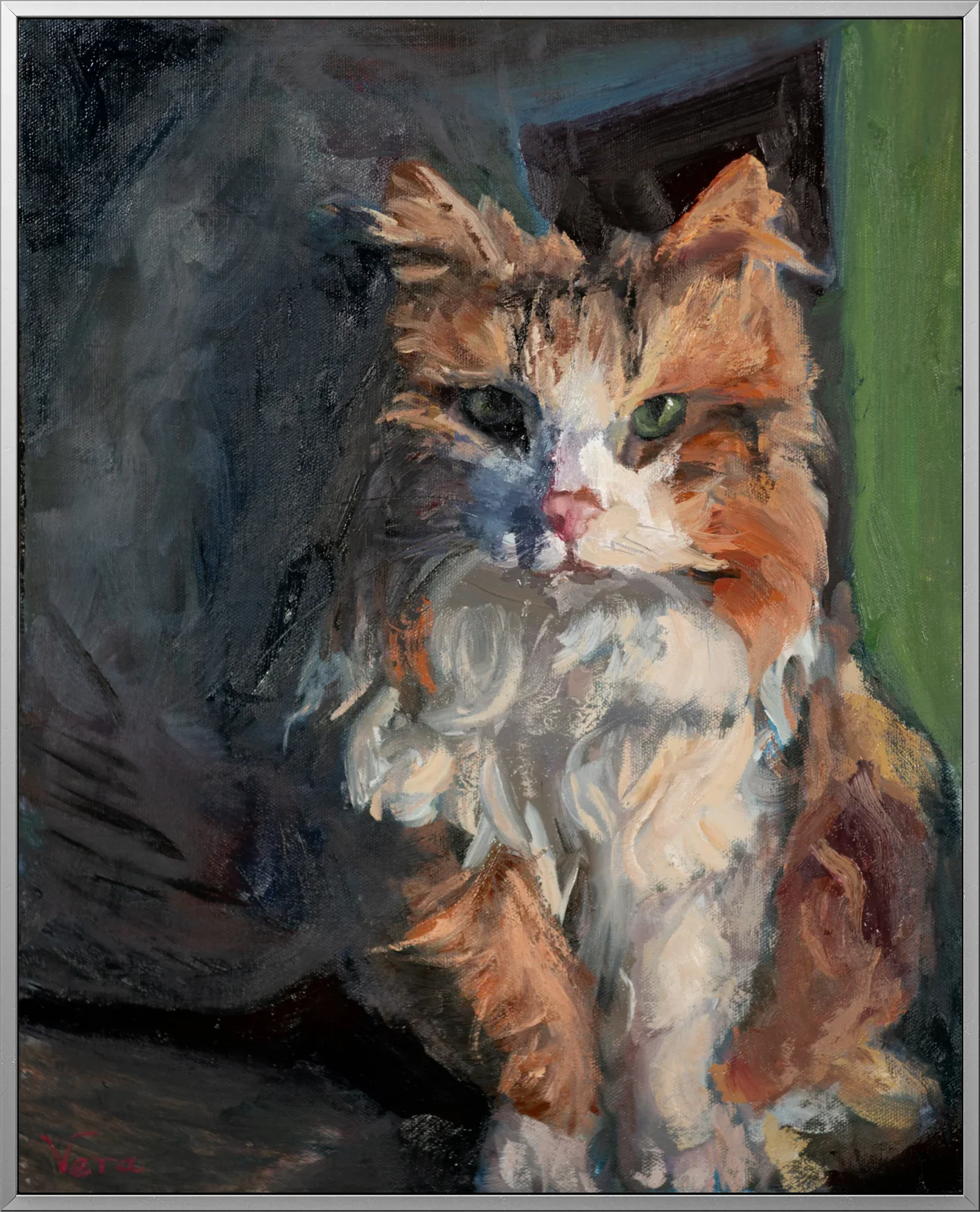 Original oil painting of a fluffy cat with green eyes by Vera Studio, animal art print