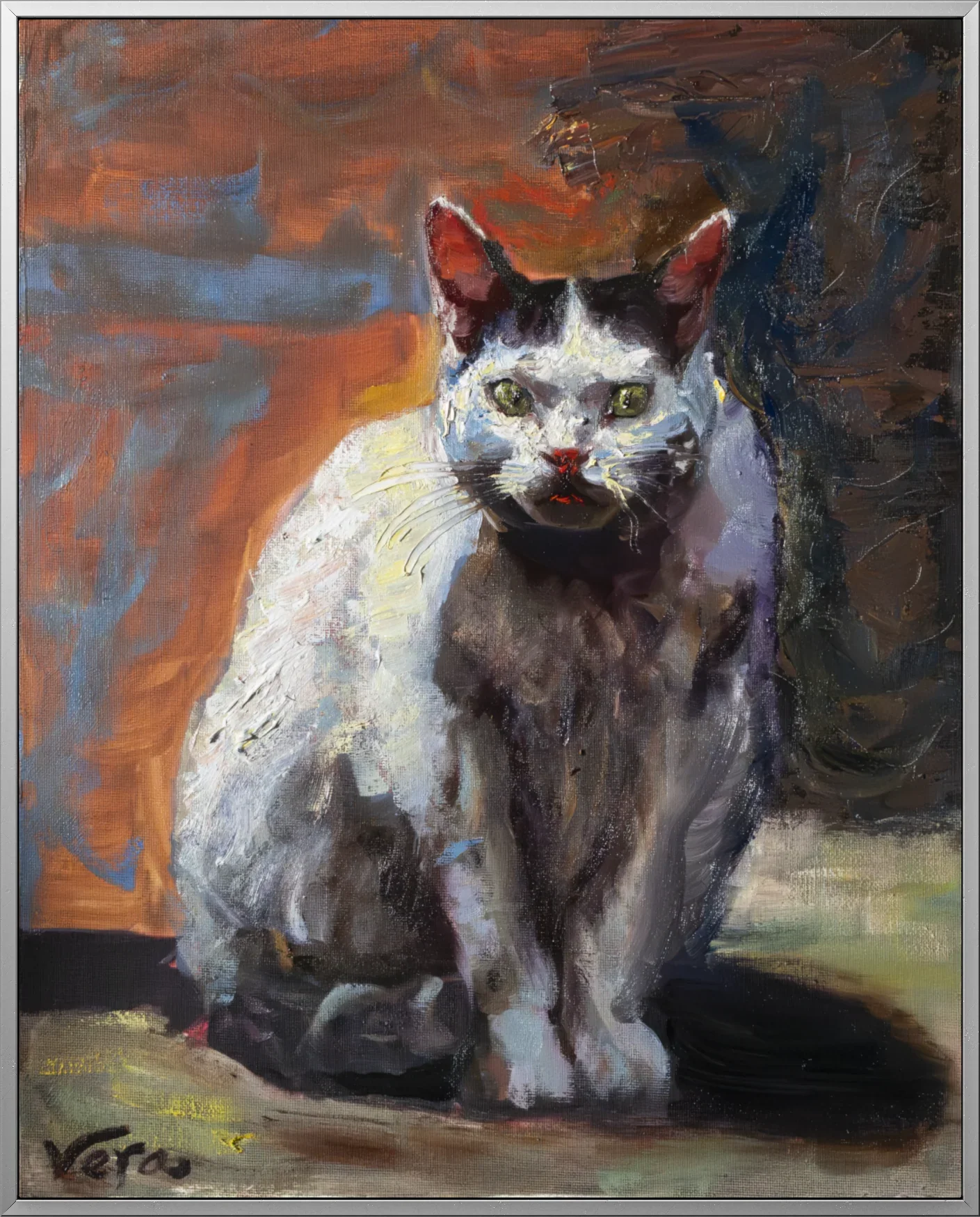 Original oil painting of a white and black cat with green eyes by Vera Studio