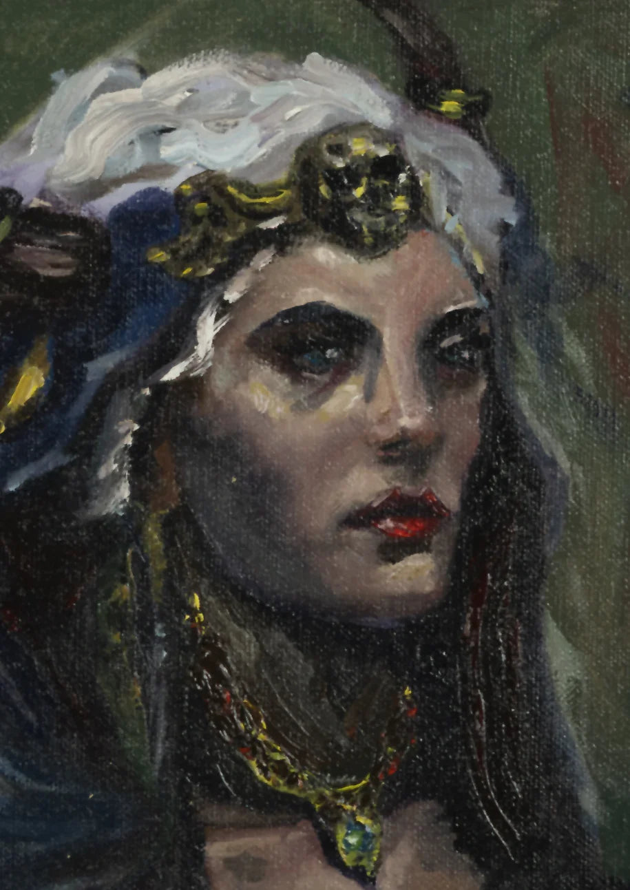 Fantasy woman portrait oil painting with jeweled crown and necklace by Vera Studio