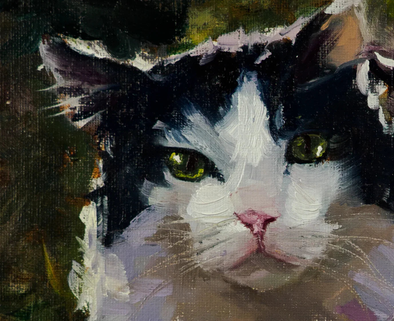 Oil painting of a black and white cat with green eyes by Vera Studio