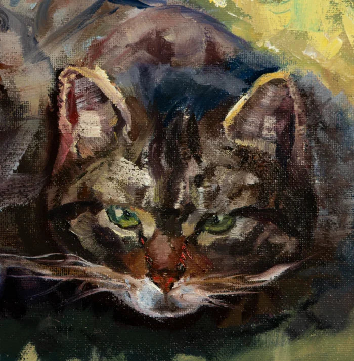 Oil painting of a green-eyed tabby cat by Vera Studio, expressive animal artwork