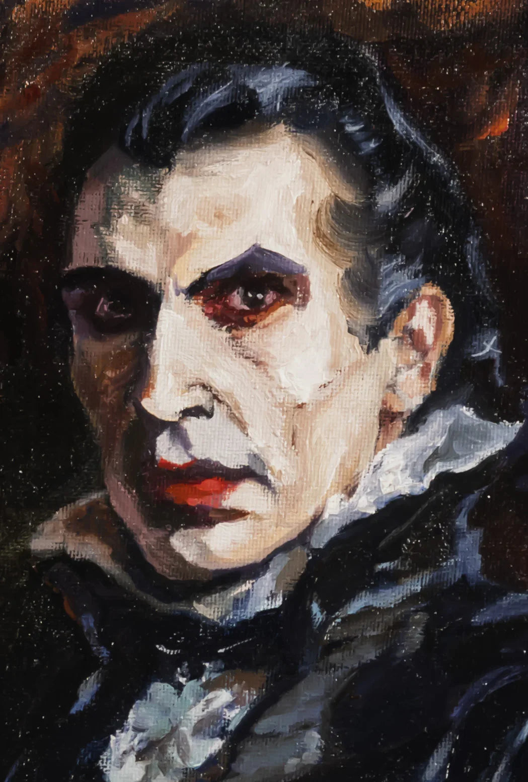 Expressive oil painting of a dramatic man with dark hair, pale face, and ruffled collar by Vera Studio
