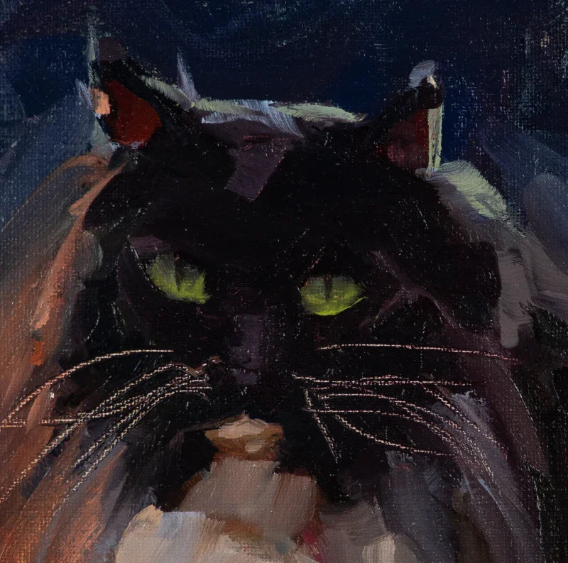 Black cat oil painting with green eyes by Vera Studio, expressive animal art print