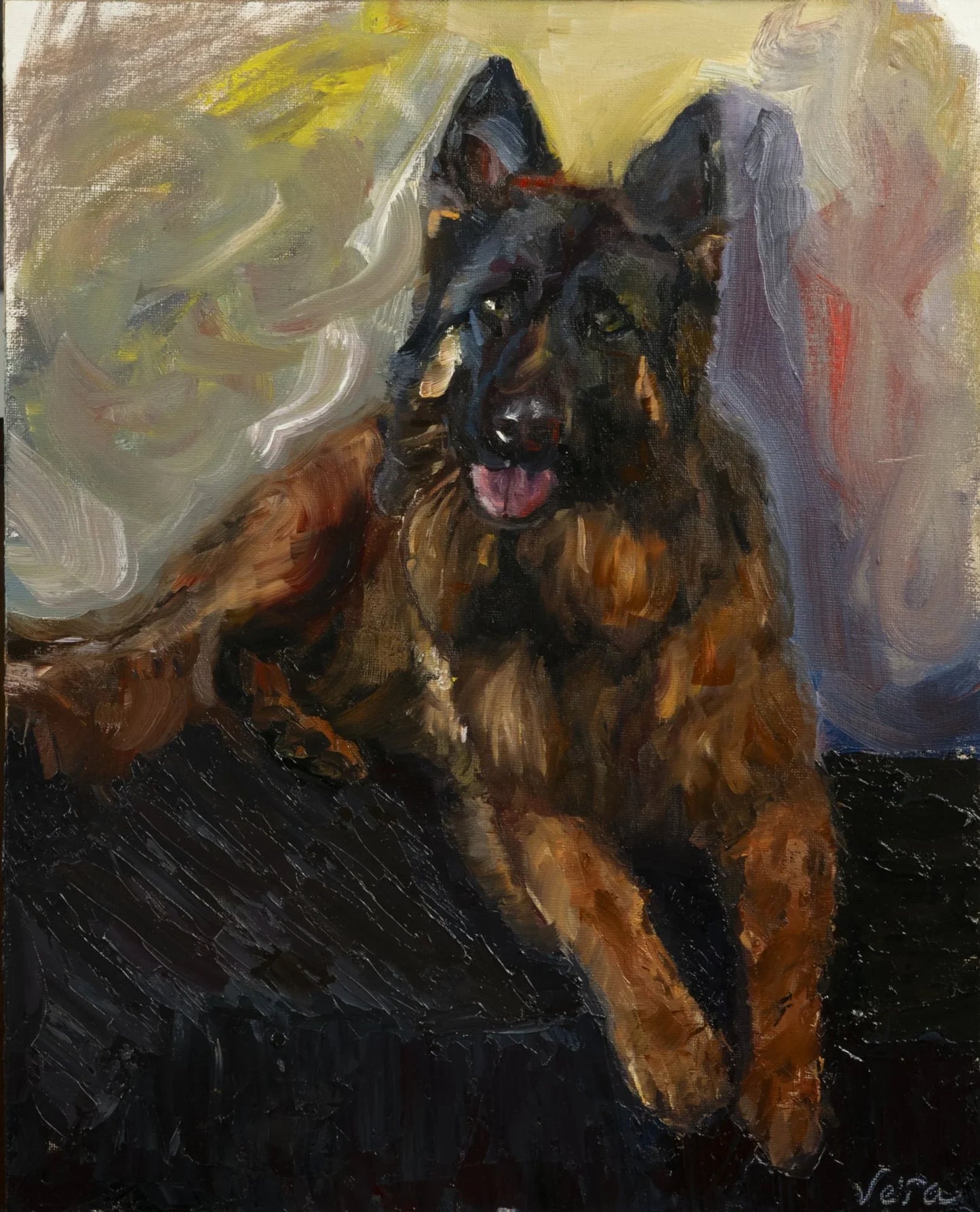Original oil painting of a German Shepherd dog by Vera Studio with vibrant, textured brushstrokes.
