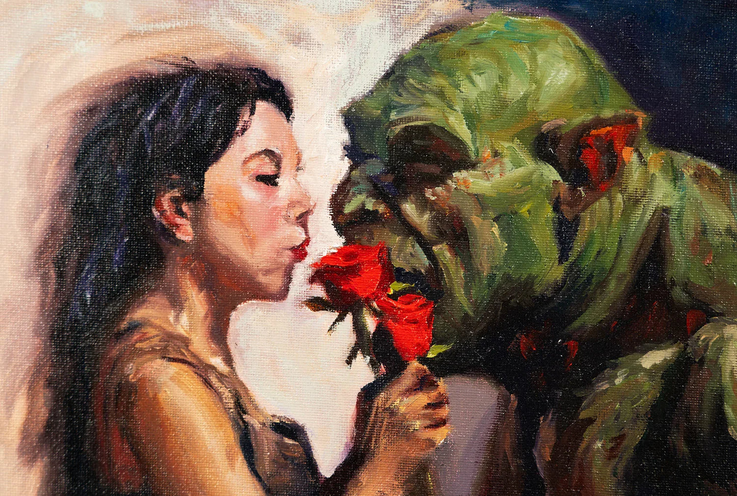 Oil painting of a woman and green creature with red roses, Vera Studio fantasy art