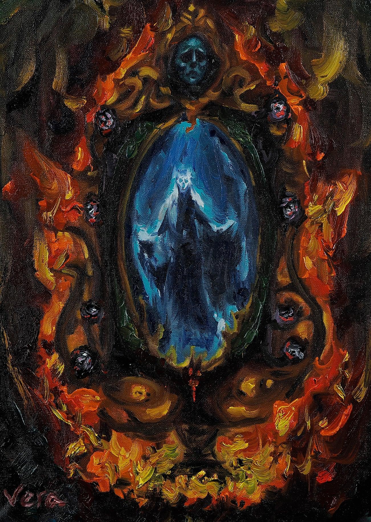 Fantasy oil painting by Vera Studio showing a ghostly figure in a blue mirror, surrounded by fiery ornate frame and surreal faces.