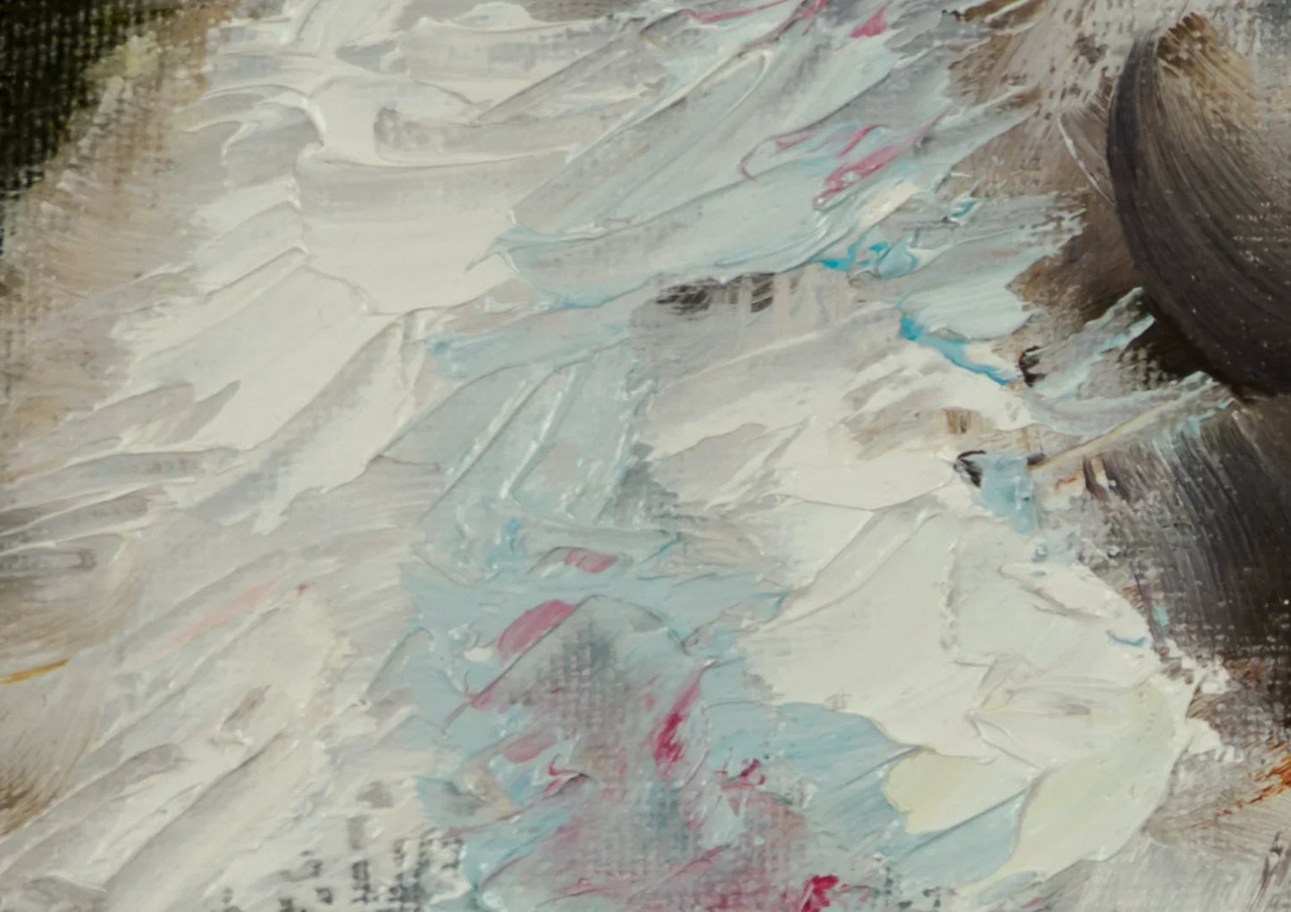 Textured oil painting close-up with thick white, blue, and pink brushstrokes by Vera Studio