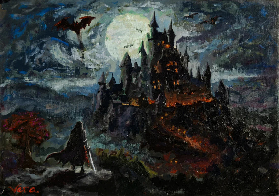 Fantasy oil painting of a cloaked figure with sword facing a gothic castle under a full moon, with flying dragons, by Vera Studio.