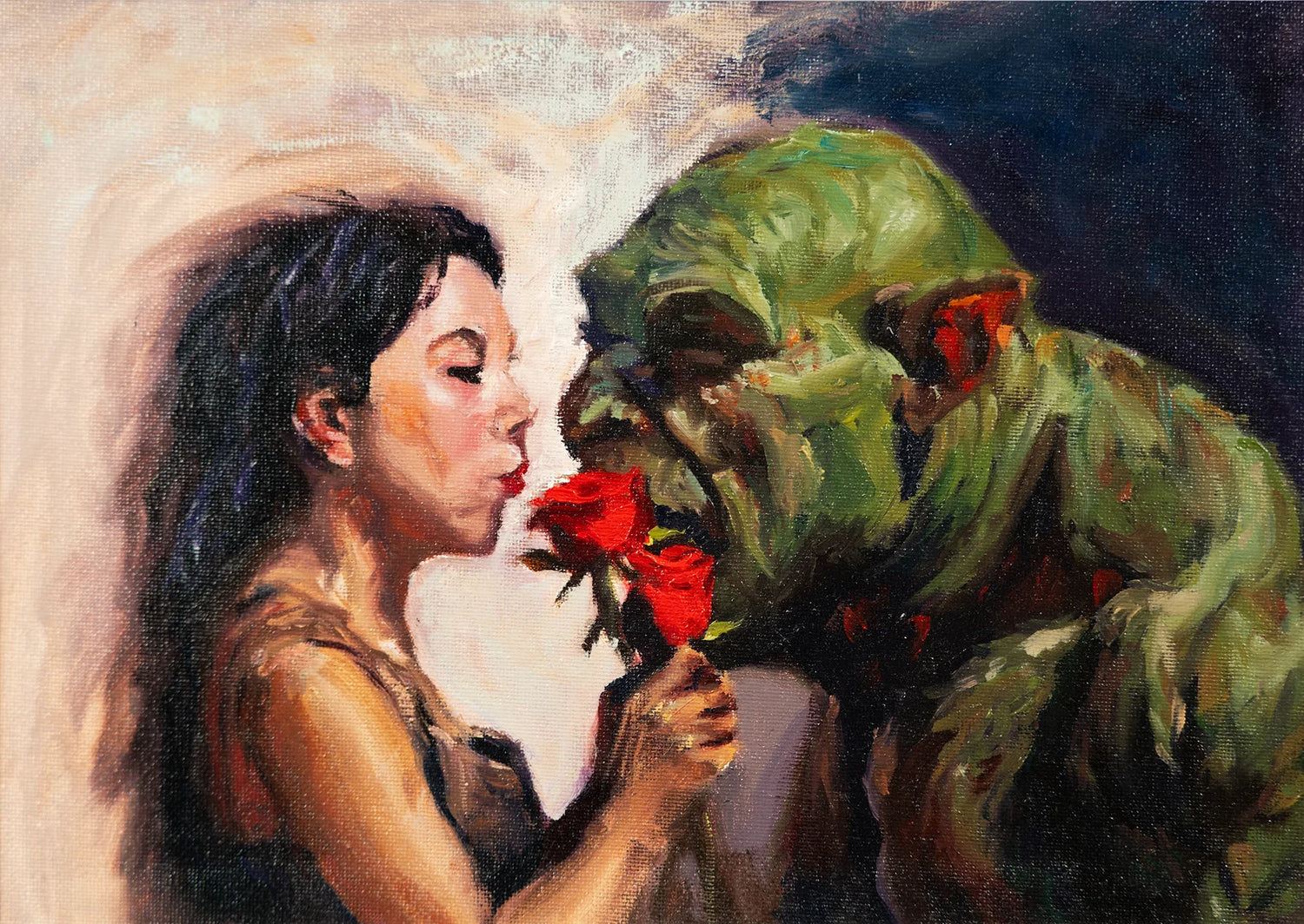 Oil painting of woman and green fantasy creature with red roses, Vera Studio art print